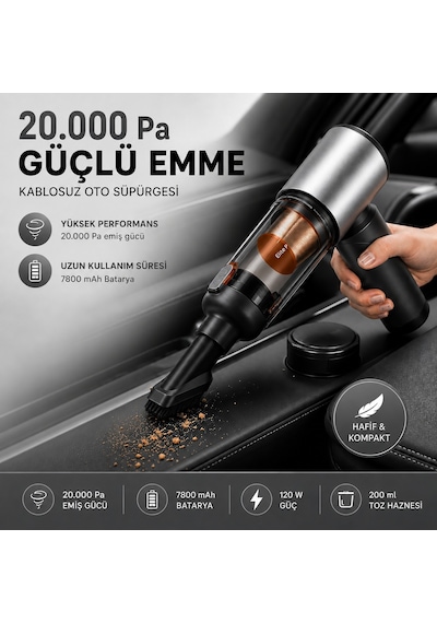 20.000 Pa Kablosuz Araç Süpürgesi 120w Güçlü Emiş 7800 Mah Şarjlı El Süpürgesi 8 Başlıklı Hepa Filtreli Mini Vakum Gri