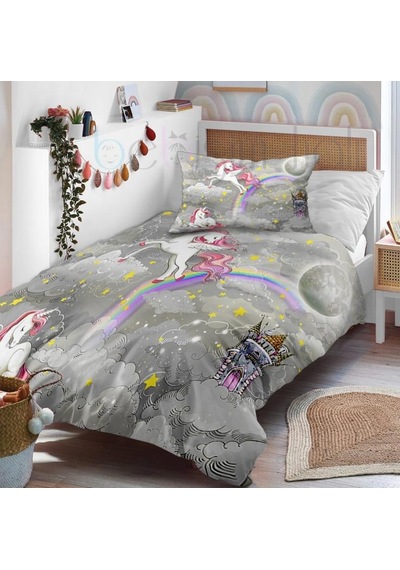 Sevimli Unicorn Gökkuşağı Şato Saray Desenli Tek Kişilik Bebek Çocuk Nevresim Takımı