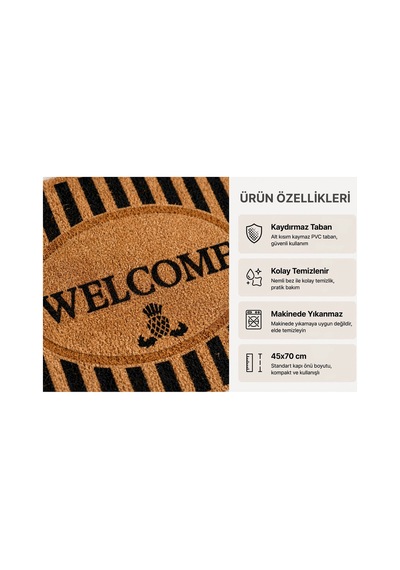 Coco Cc012a Welcome Desenli Çizgili Kalın Kaymaz Taban Nem Alıcı Şık Tasarım Kapı Önü Paspası 45x75 Bej
