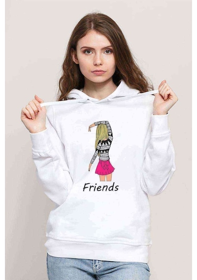 Friends Kalpli Kızlar Friends Baskılı Beyaz Kadın Kapşonlu Sweat