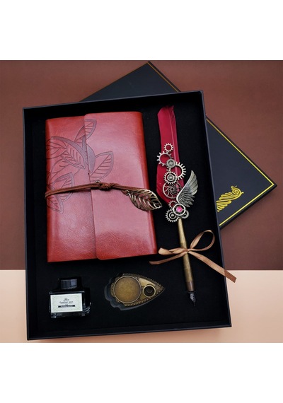 Divit Hokka Defter Ve Tüylü Kalem Seti Nostaljik Mürekkepli Yazı Seti Hediye Kutulu Gül Kırmızı