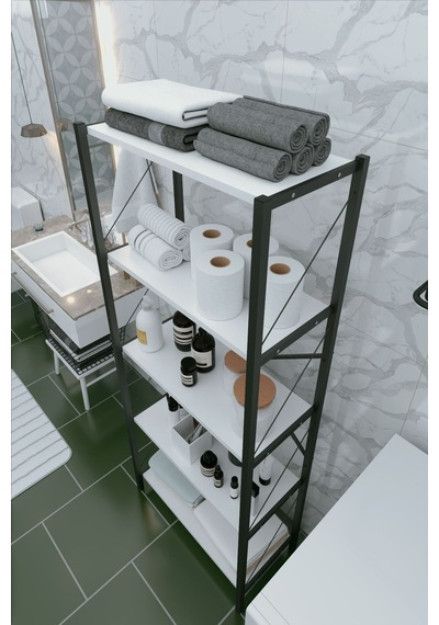 5 Raflı Dekoratif Banyo Dolabı Banyo Düzenleyici Modern Banyo Rafı Beyaz