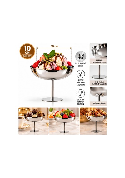 2 Adet 10 Cm 18/10 304 Paslanmaz Çelik Ayaklı Sunumluk Metal Çerezlik, Meyvelik Ve Dondurma Kasesi Çok Renkli