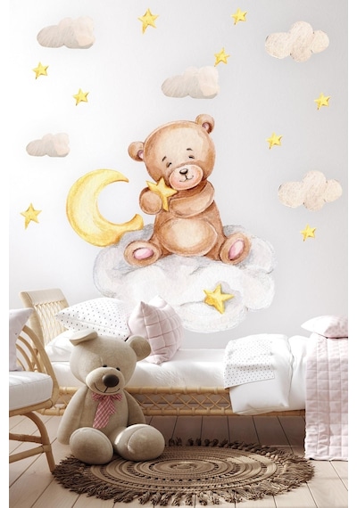 Ayda Oturan Ayıcık Yıldızlar Ve Ay Çocuk Bebek Odası Duvar Sticker Seti