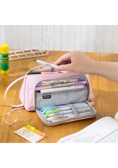 Geniş Büyük Kapasiteli Çok Fonksiyonlu Pastel Renkli Kalemlik Kalem Kutusu Çantası Makyaj Çantası Orijinal Angoo Büyük Kapasiteli Twill Kalemlik - Kalem Kutusu Pembe