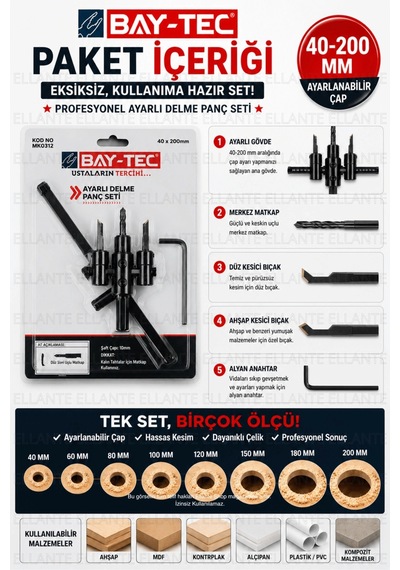 Bay-tec 40-200 Mm Ayarlı Delme Panç Seti Ahşap Mdf Alçıpan Pvc Delik Açma Aparatı
