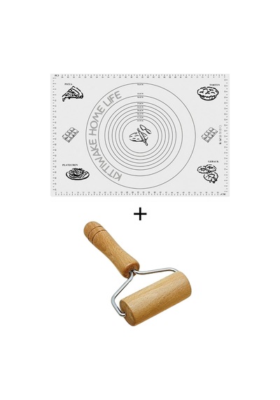 2 Li Beyaz Silikon Hamur Açma Matı 45x65 Cm Ve Ahşap Saplı Silindir Hamur Açıcı 19 Cm Diğer