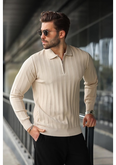 Madmext Taş Rengi Yarım Fermuarlı Polo Yaka Triko Kazak E7426 Taş Rengi