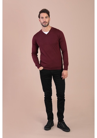 Ferraro V Yaka Superfine Yün Kazak - Bordo Bordo