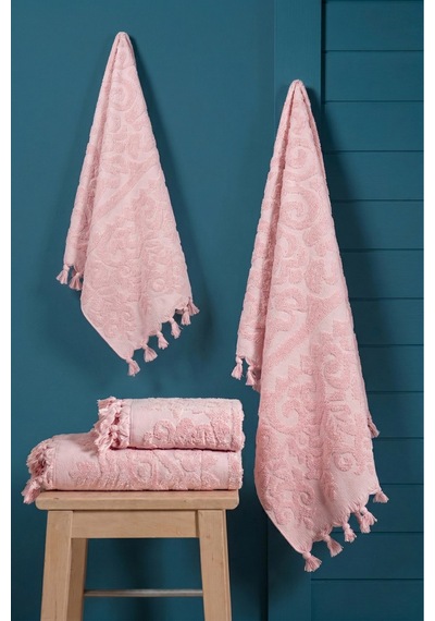 %100 Pamuk 2'li Bağlamalı Lüks, Jakarlı, Çeyizlik Banyo Havlu Seti 1 Adet 50x90, 1 Adet 100x150 Pembe