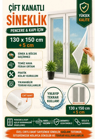 Cırtlı Yapışkanlı Sineklik Seti 130x150 Cm Çift Kanatlı Pencere Kapı Sinekliği Güçlü Yapışma Yıkanab
