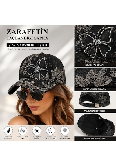 Valkyrie Kadın Siyah Dantel Şapka Taş İşlemeli Çiçek Detaylı Ayarlanabilir Baseball Cap Yazlık Şapka