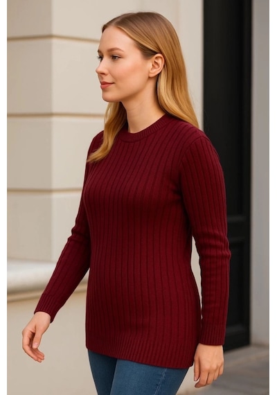 Defymoda Bisiklet Yuvarlak Yaka Triko Kazak Pamuklu Kalın Fitilli Dokuma, Regular Fit Uzun Kollu Kışlık Model Bordo