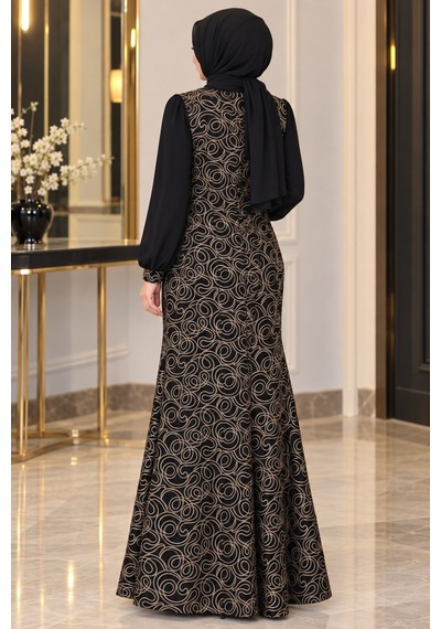Gül&can Butik Siyah Gold İşlemeli Tesettür Abiye Elbise Siyah
