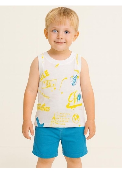 Erkek Bebek Pamuklu Renkli Yazı Baskılı Kolsuz T-shirt-16000 Beyaz