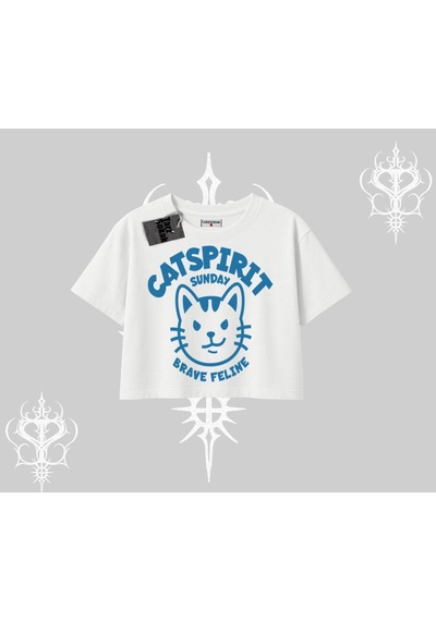 Startmore Startmore Catspirit Sunday Brave Feline Yazılı Kedi Baskılı Oversize Crop Tshirt Beyaz