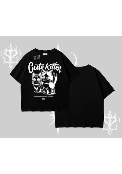 Startmore Startmore Cute Kitten Yazılı Sevimli Kedi Baskılı Oversize Tshirt Siyah