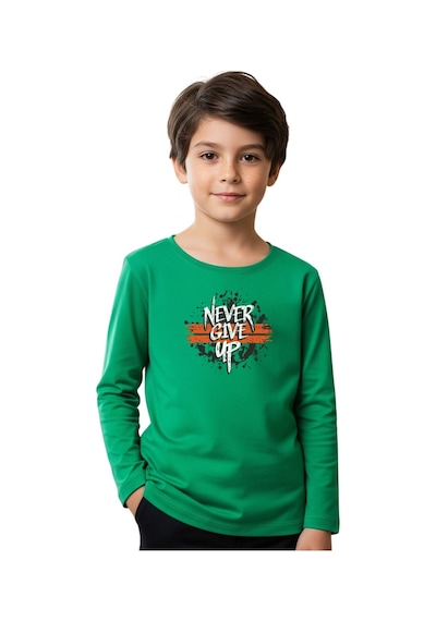 Panios Kids Düz Yuvarlak Yaka Nevver Give Baskı Detaylı Erkek Çocuk Sweatshirt Yeşil
