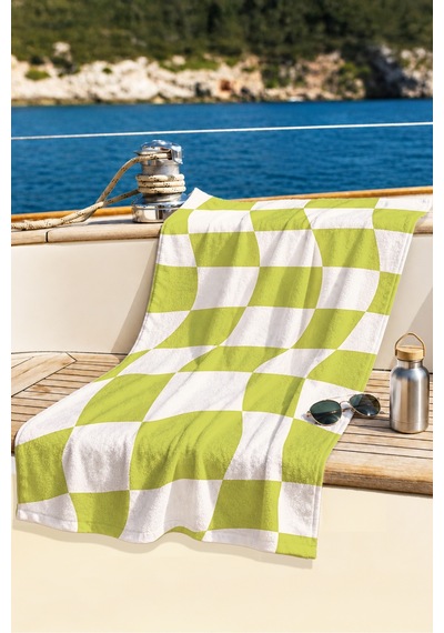 Damalı Geometrik Modern Plaj Havlusu - Yeşil Beyaz Retro Dalgalı Hızlı Kuruyan Mikrofiber Havlu Ayaz Gölgesi