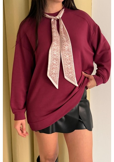 Balenbi Premium Modal Fular Detaylı Bisiklet Yaka Oversize Tunik 1177 Bordo