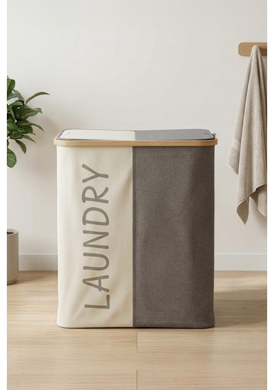 Digithome Bambu 2 Bölmeli Kirli Çamaşır Sepeti Banyo Düzenleyici Sepet 53,5x28 Cm Kahverengi