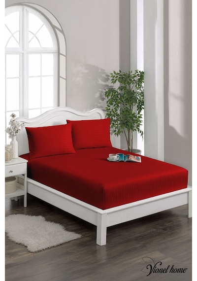 %100 Pamuk Çizgili Saten Tek / Çift Kişilik Lastikli Çarşaf Seti 100x200 160x200 180x200 Bordo
