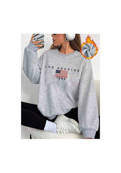 Herkesemoda Los Angeles Baskılı 2 İplik Şardonlu Bisiklet Yaka Sweatshirt Gri