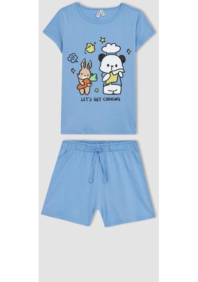 Defacto Kız Çocuk Baskılı Kısa Kollu Şortlu Pijama Takım A1365a823smbe761 Mavi
