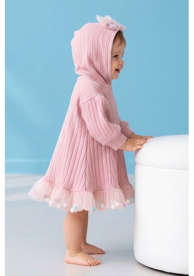 Babymod Kapüşonlu Fiyonklu 100% Pamuk Kız Bebek Elbise Pembe