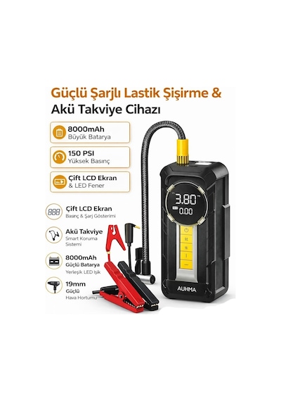Auhma A8899 4'ü 1 Arada Akü Takviyeli Şarjlı Hava Pompası 8.000 Mah Powerbank & Dijital Fener