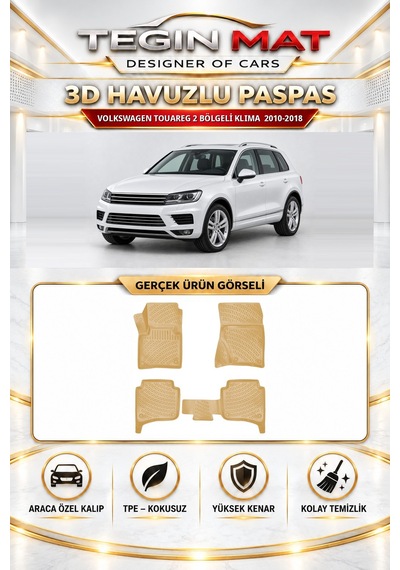 Volkswagen Touareg 2010-2018 2 Bölgeli Klima Araca Özel 3d Paspas Bagaj Havuzu Set Bej
