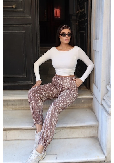 Kechi Woman Kadın Gabardin Ceylan Desenli Beli Lastikli Jogger Pantolon Kw3166