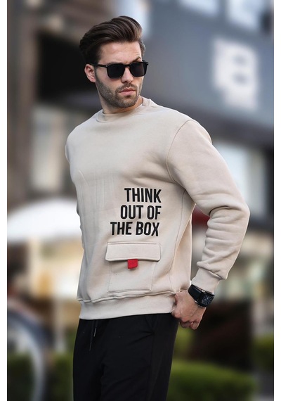 Madmext Bej Bisiklet Yaka Şardonlu Cep Detaylı Baskılı Erkek Sweatshirt 7061 Bej