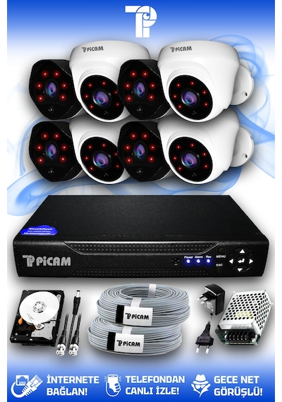 Picam 8 Kameralı Uzay 4 İç Kamera Set 320 GB HDD Full HD Gece Görüşlü Güvenlik Kamerası Sistemi