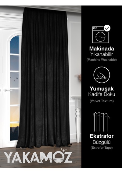 Yakamoz Kadife Görünüm Siyah Ada Fon Perde Ekstraforlu Velvet Touch Serisi Siyah