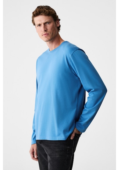 Grımelange Gravs Erkek %100 Pamuklu Yumuşak Kumaşlı Yuvarlak Yakalı Uzun Kollu Mavi T-shirt Mavi