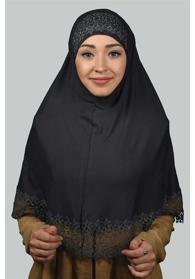 Altobeh İkili Set Dantelli Pratik Eşarp Hazır Hijab Ve Tesettür Bonesi Xl Füme