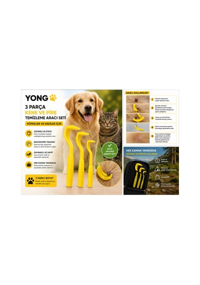 Yong 3 Parça Evcil Hayvan Kene Ve Pire Temizleme Aracı Seti Köpekler Ve Kediler İçin Kolay Kene Ve Pire Temizleme Aparatı Güvenli Evcil Hayvan Bakım Seti Sarı