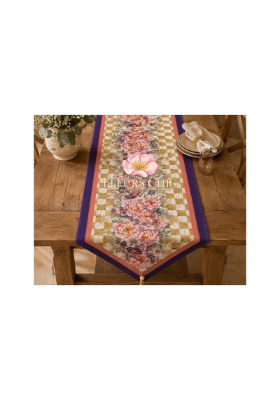 Purple Flowers Runner Ve Kırlent Seti Özel Seri Mor