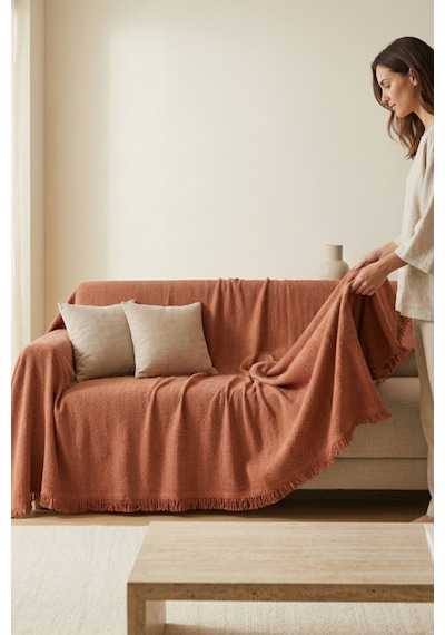 İskandinav Dokulu Pamuklu Saçaklı Koltuk Örtüsü Ve Koltuk Şalı Kaymaz Terletmez 180x300 Cm Kırmızı