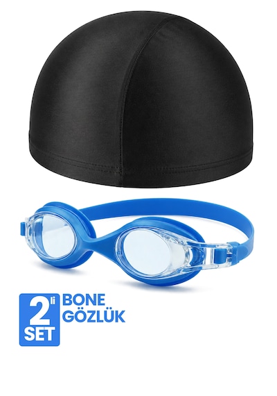 Set Yüzücü Gözlüğü Kumaş Bone Set Yüzme Havuz Deniz Gözlüğü Ve Bone Mavi