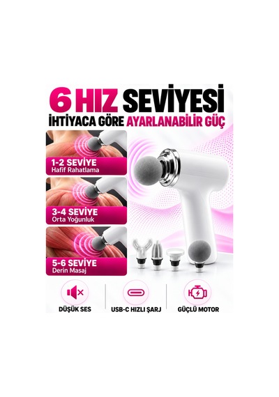 Usb Şarjlı Masaj Tabancası 4 Değiştirilebilir Başlıklı Taşınabilir Kas Masaj Aleti Beyaz