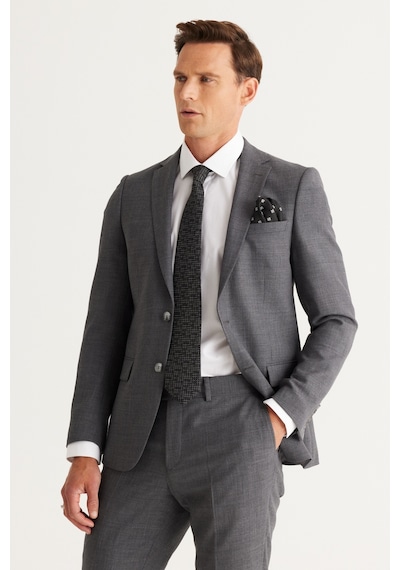 AC&Co / Altınyıldız Classics Erkek Gri Slim Fit Dar Kesim Mono Yaka Cordura Kumaş Yünlü Takım Elbise Gri