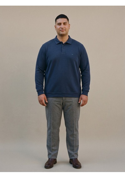 Maccali Erkek İndigo Büyük Beden Polo Yaka Battal Sweatshirt