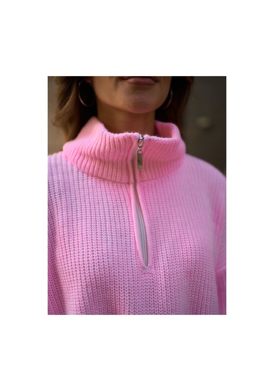 Cloudy Kids Kadın Oversize Fermuarlı Crop Triko Kazak Günlük Kullanım Mevsimlik Pembe - 607293446 Pembe