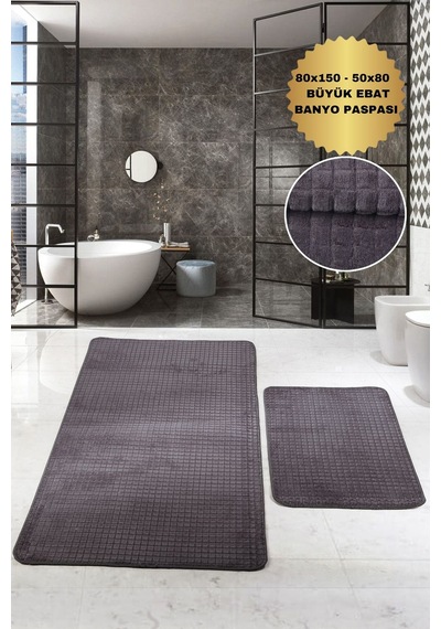 Kare Plus Antrasit Büyük Ebat 80x150 + 50x80 Cm 2'li Banyo Paspası Yıkanabilir Klozet Takımı Vizon