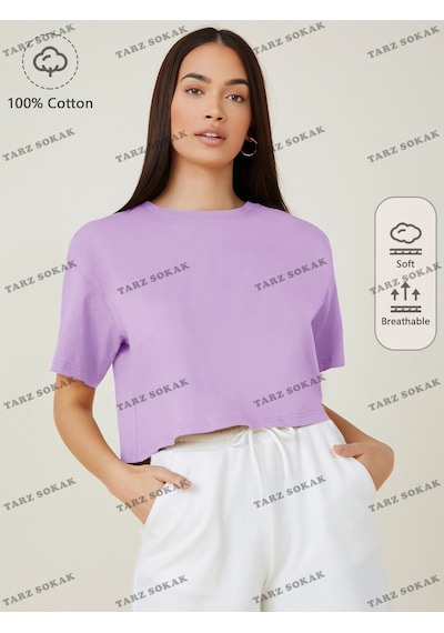 Flood Of Style Crop Ckod-232913 Pamuk Damla Omuz Düz Kısa Mor