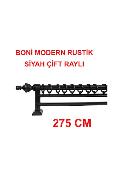 Boni Modern Rustik Ahşap Rustik Perde Askısı Çift Raylı-siyah 275 Cm Siyah