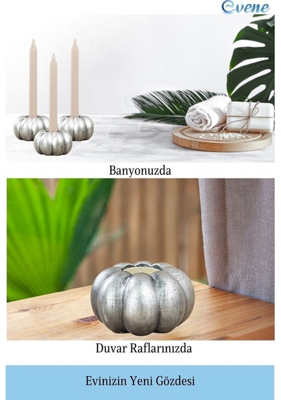 Eskitme Mumluk Şamdan Tealight Ve İnce Mum Uyumlu Kabak Model - Gümüş Eskitme