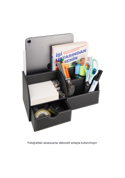 Masa Üstü Düzenleyici,kalemlik,kumandalık,küpbloknotluk,tabletlik,kitaplık,6 Gözlü,çekmeceli,desktop Organizer,vegan,24,5 13 12 Siyah